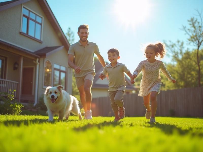 Happy family with children and dog playing safely in backyard - protecting loved ones from lead paint hazards