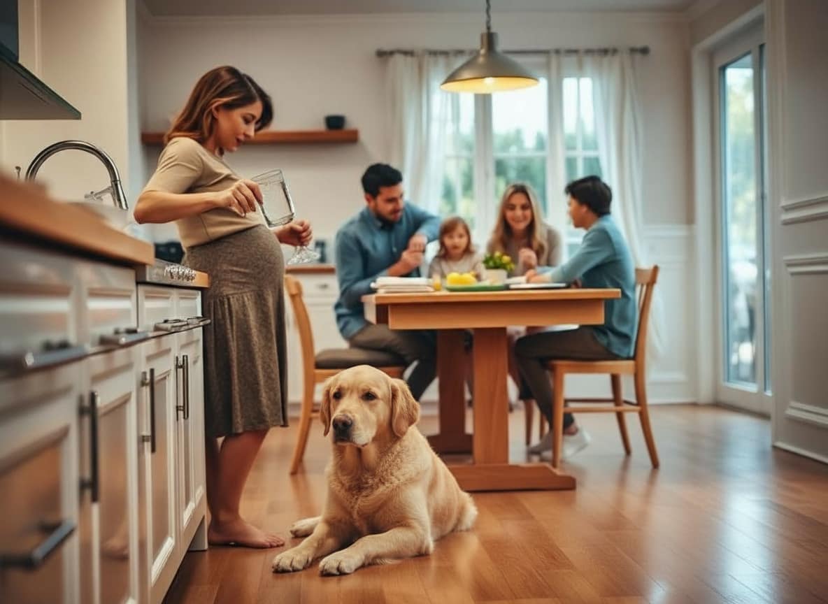 Pregnant mother at kitchen sink with tap water running, family at table with husband and children, dog under table - protecting loved ones from microplastics