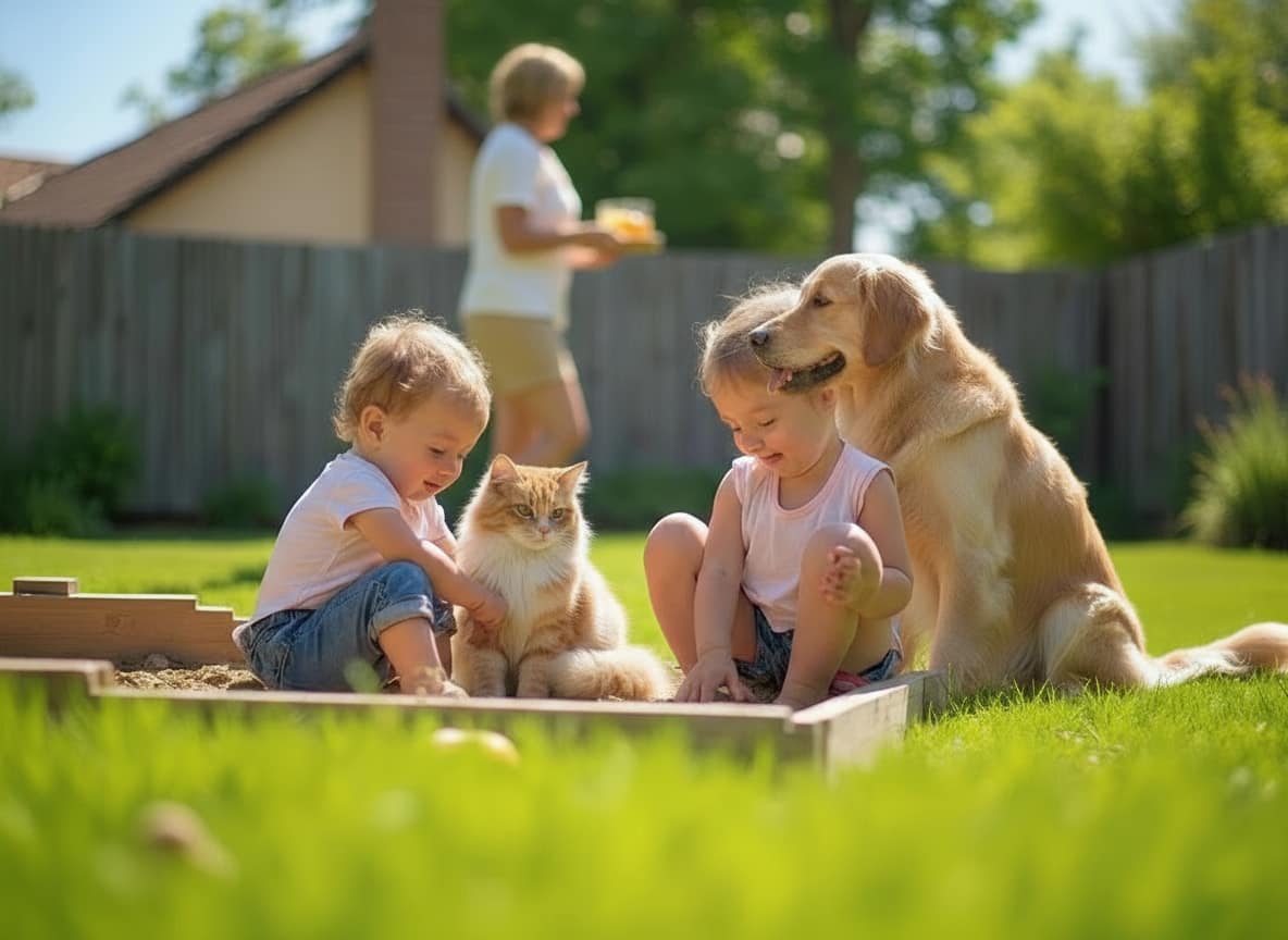 Children playing with dog and cat in backyard dirt while mother brings refreshments - protecting loved ones from PFAS contamination