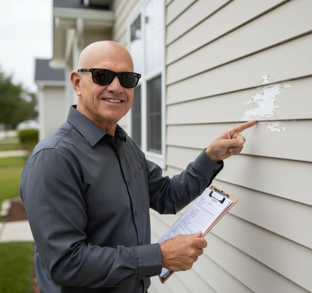 Mike Dickman inspecting exterior of home with clipboard during lead paint assessment
