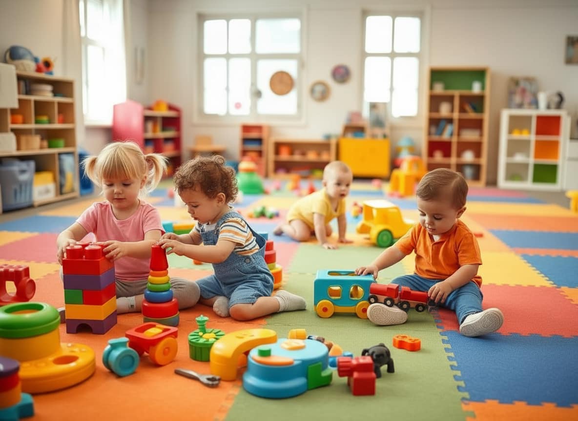Daycare center with shared surfaces showing pathogen transmission risks