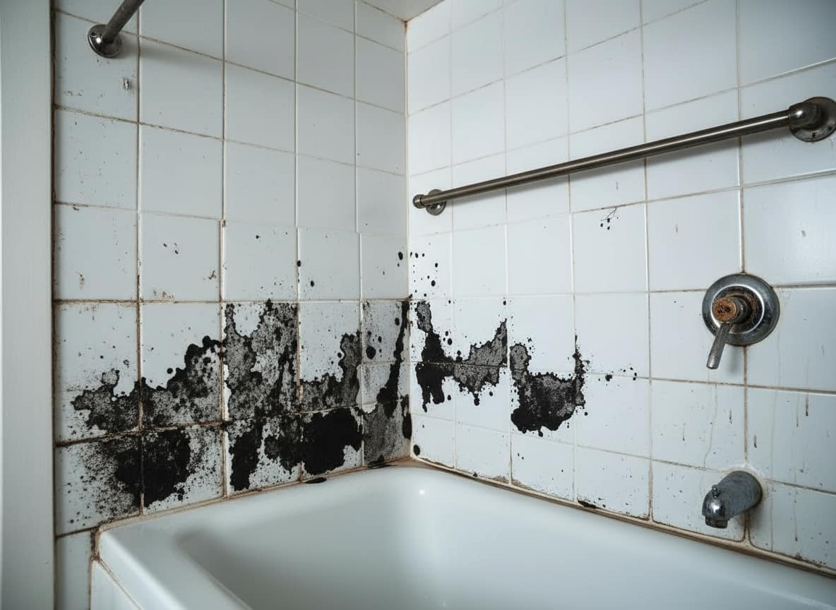 Black mold growth on bathroom wall showing pathogen contamination